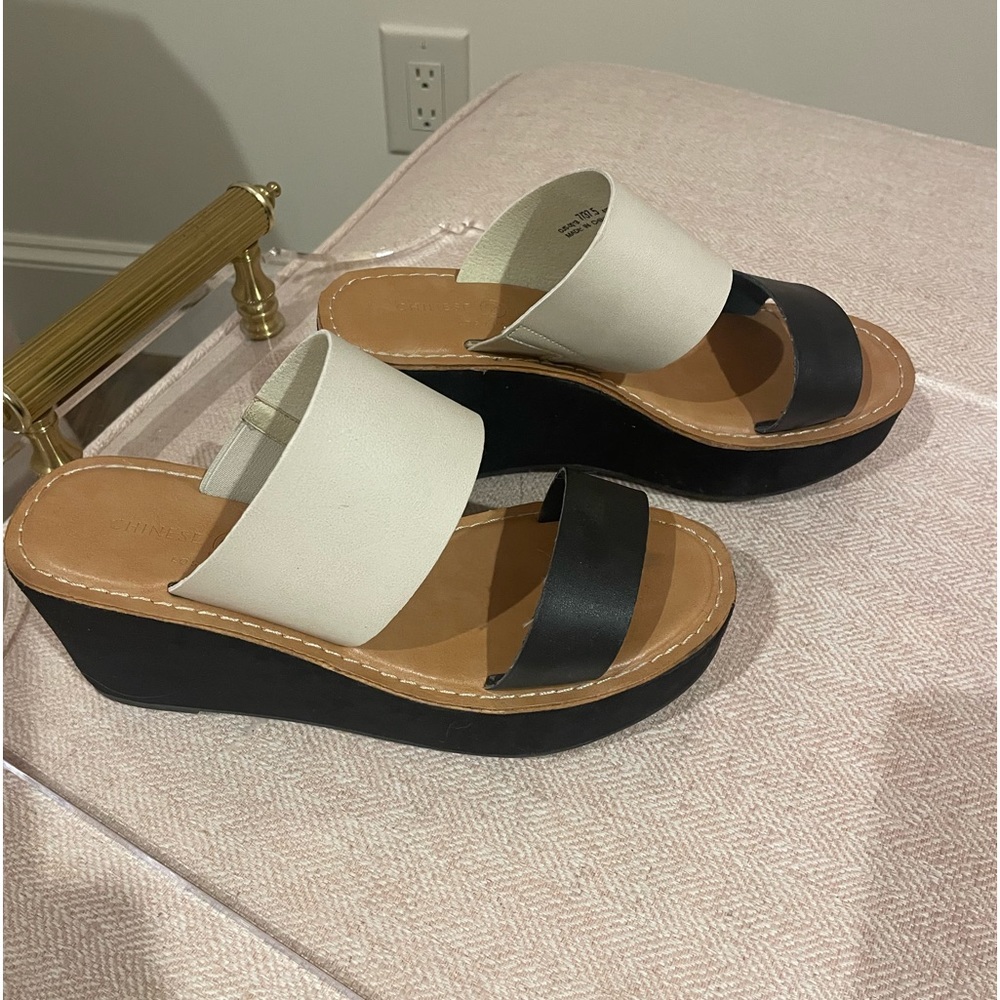 Chinese Laundry black and nude color leather and suede wedges/sandals.